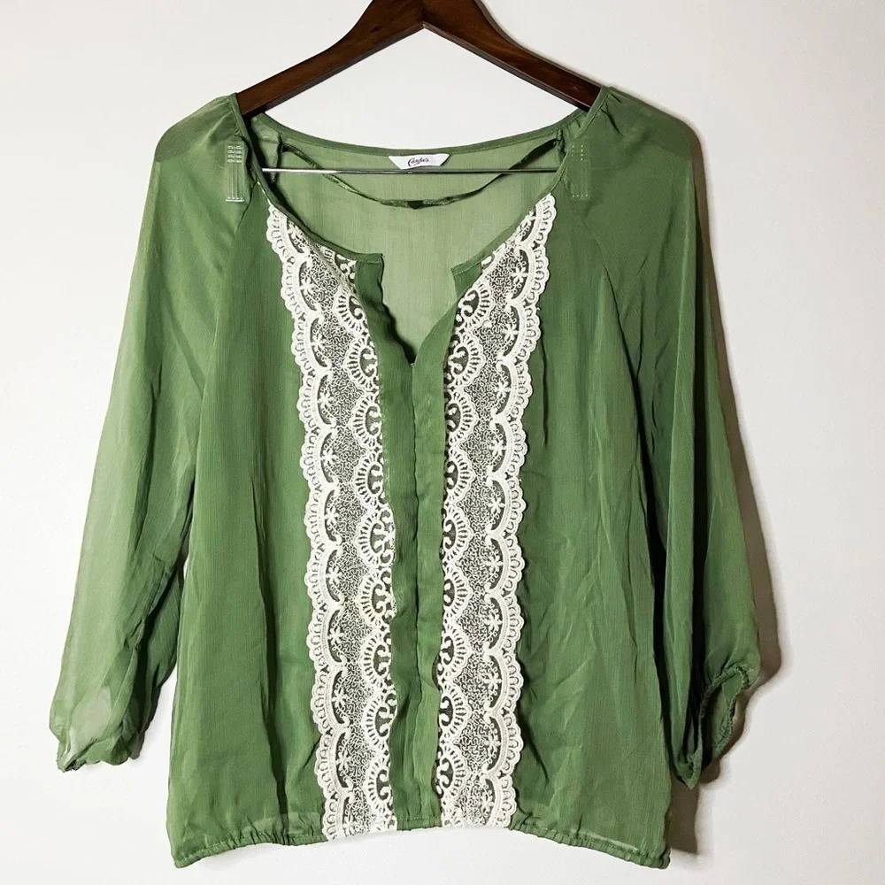 Sheer Lace Top Embroidered Blouse Gathered Long Sleeve Size Large